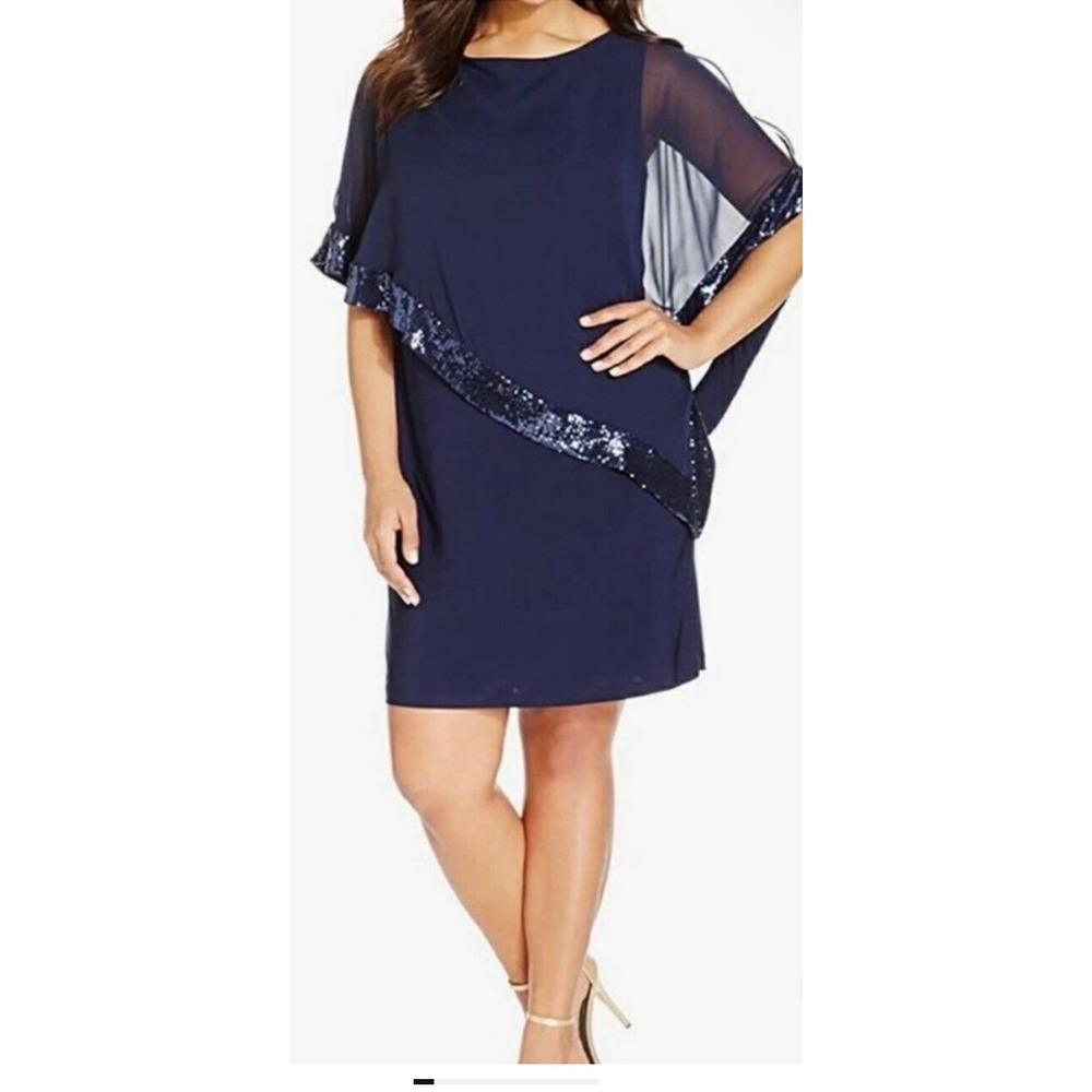 Xscape Womens Navy Blue Sequin Trim Chiffon Overlay Cold Shoulder Dress Size 12
